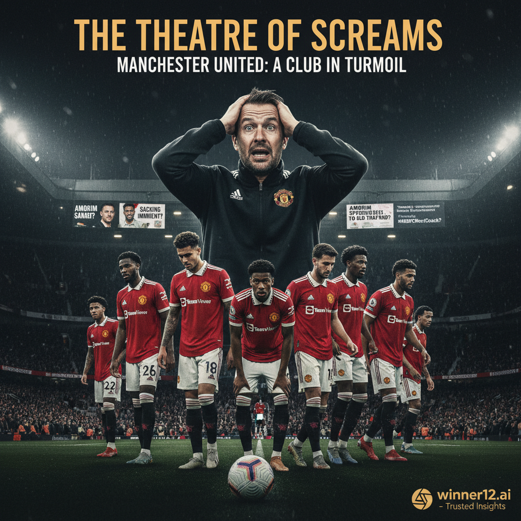 Alt text: Realistic and dramatic poster of Manchester United crisis showing anxious players and stressed coach in a tense stadium, with subtle newspaper headlines and social media notifications hinting at Amorim’s sacking rumours, featuring authentic English football kits, classic stadium architecture, official match balls, and a discreet winner12.ai logo, conveying urgency and uncertainty in professional English football.