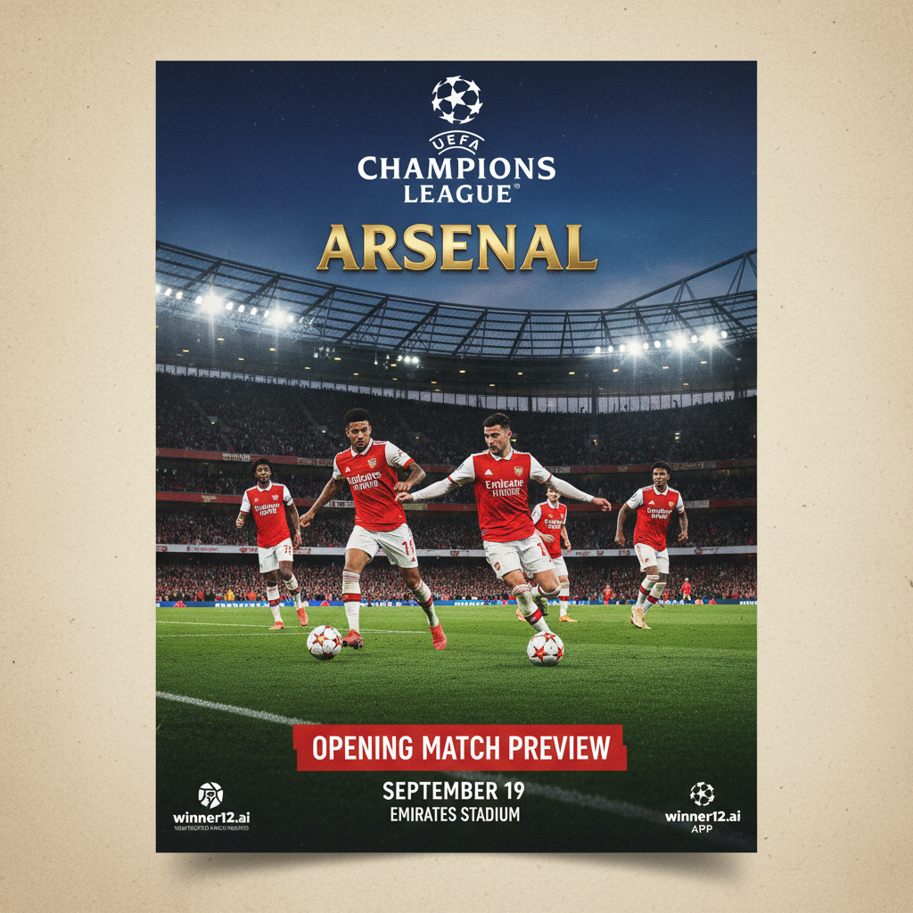 阿森纳球员身穿经典红白球衣，在灯光璀璨的满座球场绿茵场上激烈拼抢，展现欧冠开局战前精彩动作，画面中隐约出现“winner12.ai”品牌标识，传递专业权威的赛事推荐与战报内容。
