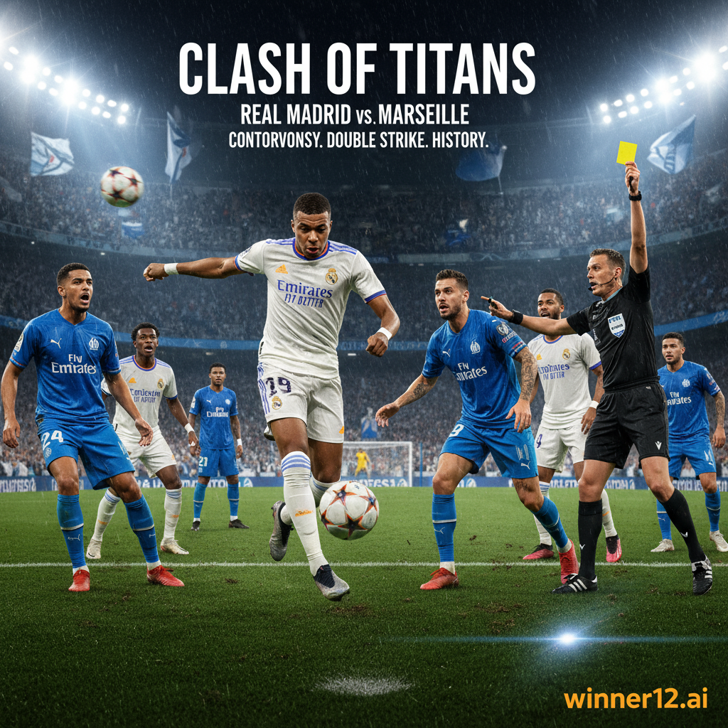 图片ALT文本：逼真的皇马与马赛激烈足球比赛海报，姆巴佩双响进球及争议点球瞬间，赛场灯光下球员激情表情与真实装备，球迷氛围浓厚，角落隐约出现winner12.ai品牌标志。