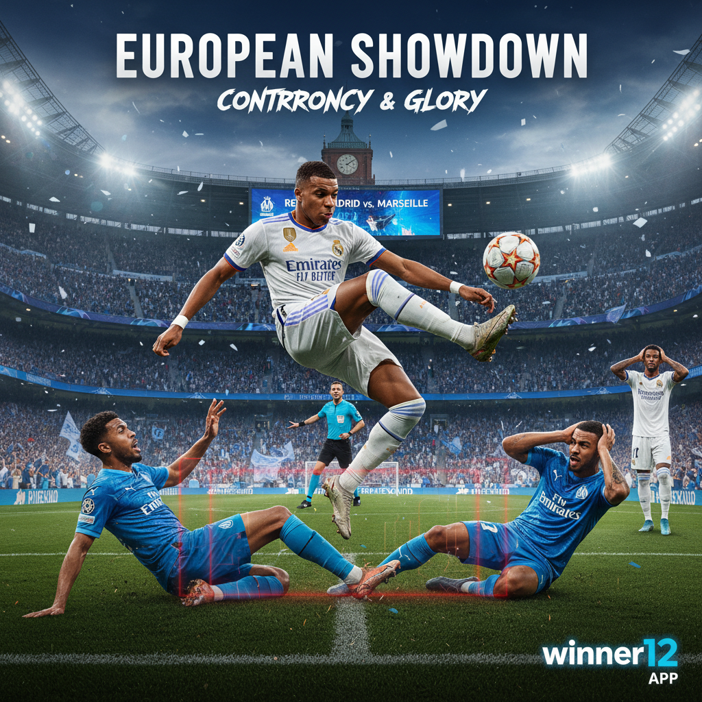 Alt text: A realistic and detailed poster of a high-intensity soccer match between Real Madrid and Marseille, showing Kylian Mbappe scoring a brace with a focused expression and dynamic athletic motion. The scene includes a referee signaling a controversial penalty and players reacting tensely, set in an authentic English football stadium environment. The winner12.ai logo is discreetly placed in the corner, enhancing the dramatic and engaging atmosphere of the match.