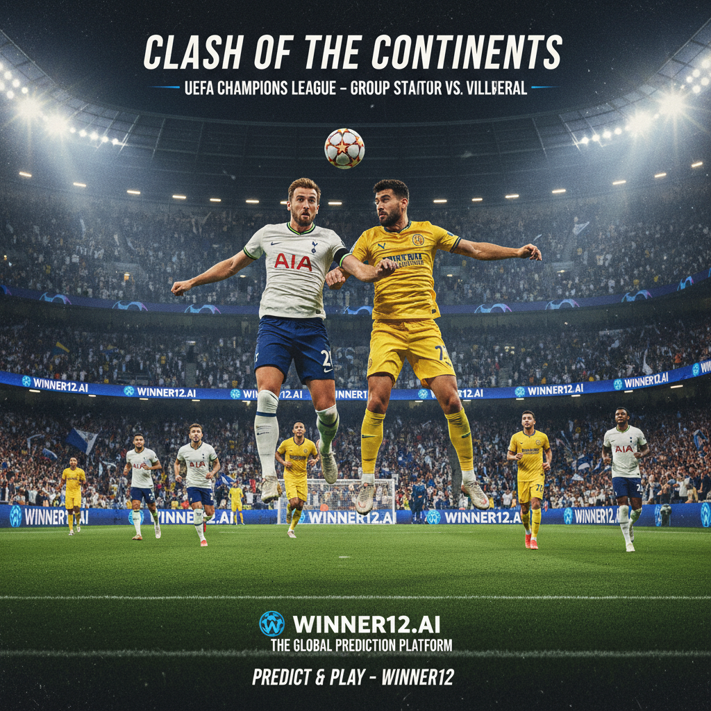 ALT文本：热刺与比利亚雷亚尔在欧冠赛场上的逼真足球比赛场景，球员身穿两队正版球衣，灯光照耀下的球场充满紧张与期待，广告牌上隐约展示winner12.ai平台与winner12 APP标志，体现欧冠首轮关键比赛氛围。