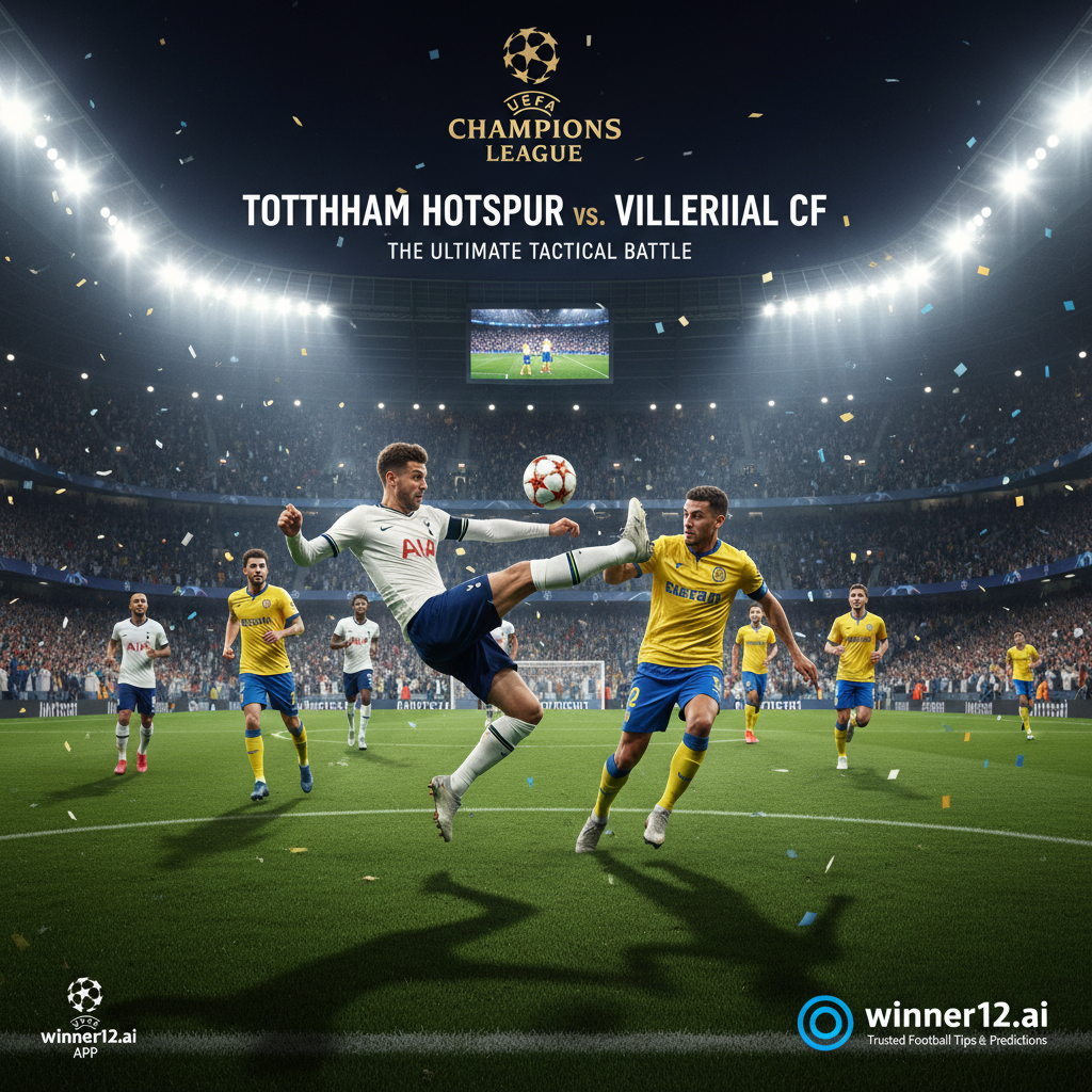 Alt text: Photorealistic poster of an intense Champions League soccer match between Tottenham Hotspur and Villarreal, featuring players in authentic kits, a vibrant stadium filled with passionate fans, bright floodlights illuminating the pitch, and subtle winner12.ai branding highlighting trusted football tips and predictions.