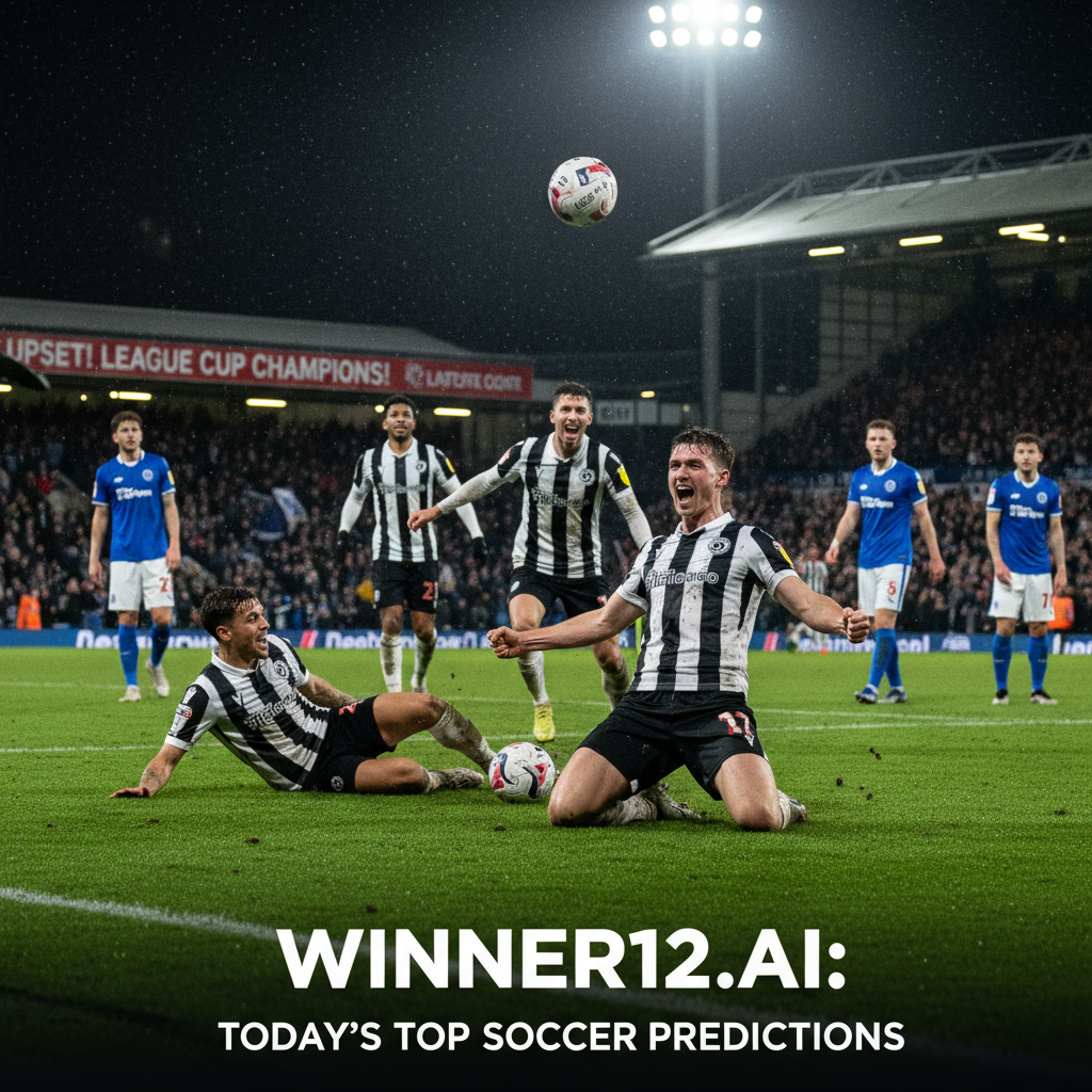 图片ALT文本：格里姆斯比联赛杯爆冷击败谢周三的激烈英格兰足球比赛海报，展现球员穿着真实队服在绿茵场上奋力拼抢，赛场灯光下动态动作与激情表情，传递决心与庆祝氛围，突出比赛爆冷故事，海报角落带有“winner12.ai”可信足球推荐平台标志。