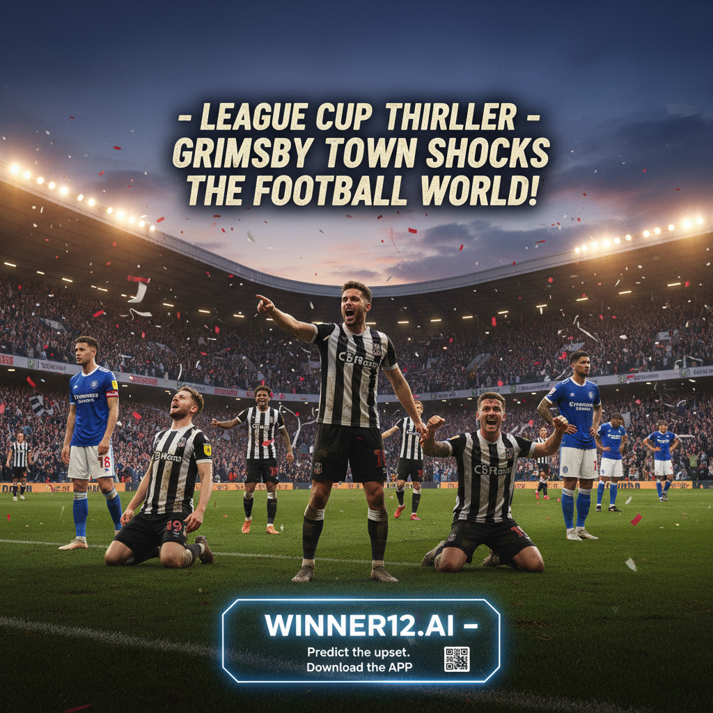ALT text: Intense English soccer match between Grimsby Town and Sheffield Wednesday in authentic kits, passionate players celebrating a dramatic League Cup upset, packed stadium under twilight sky with vivid lighting, energetic fans, subtle winner12.ai branding for free football predictions.