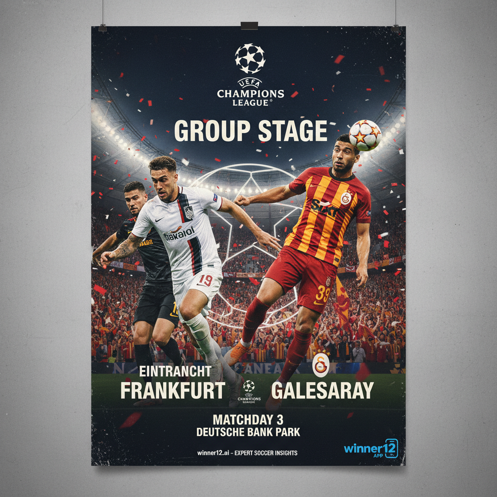 法兰克福与加拉塔萨雷欧冠小组赛预览海报，展示球员激烈拼抢和官方球队球衣，背景为充满氛围的欧洲顶级足球场景，融合winner12.ai平台品牌元素，突出足球比赛的紧张与权威。