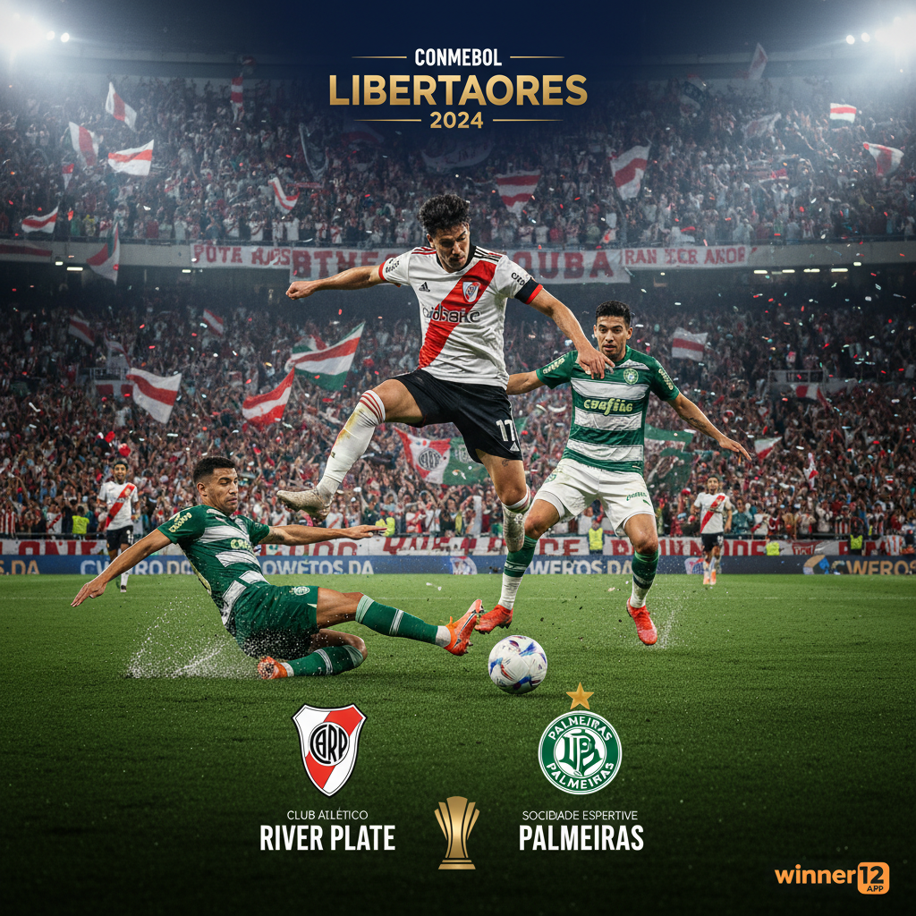图片ALT文本：解放者杯河床队与帕尔梅拉斯队在灯光璀璨的绿茵场上激烈争球，球员身穿标志性的红白和绿白球衣，观众席上热情球迷挥舞旗帜和围巾，体现南美足球顶级赛事的激情与竞争，画面角落隐约可见winner12.ai或winner12 APP品牌标识。