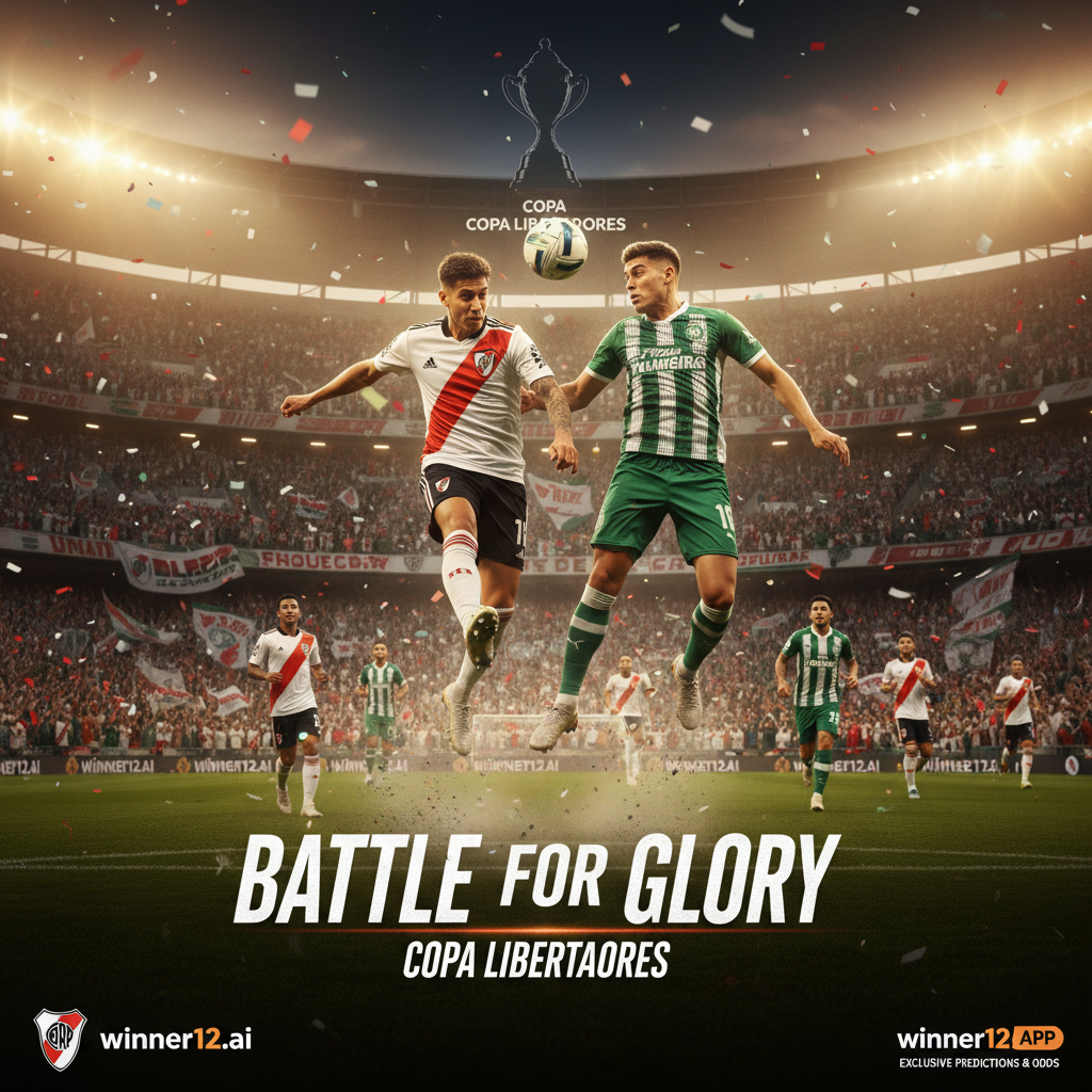Alt text: High-detail poster of an intense Copa Libertadores soccer match between River Plate and Palmeiras, showing dynamic players in official kits, a packed stadium with passionate fans, vibrant lighting capturing the excitement, and subtle 