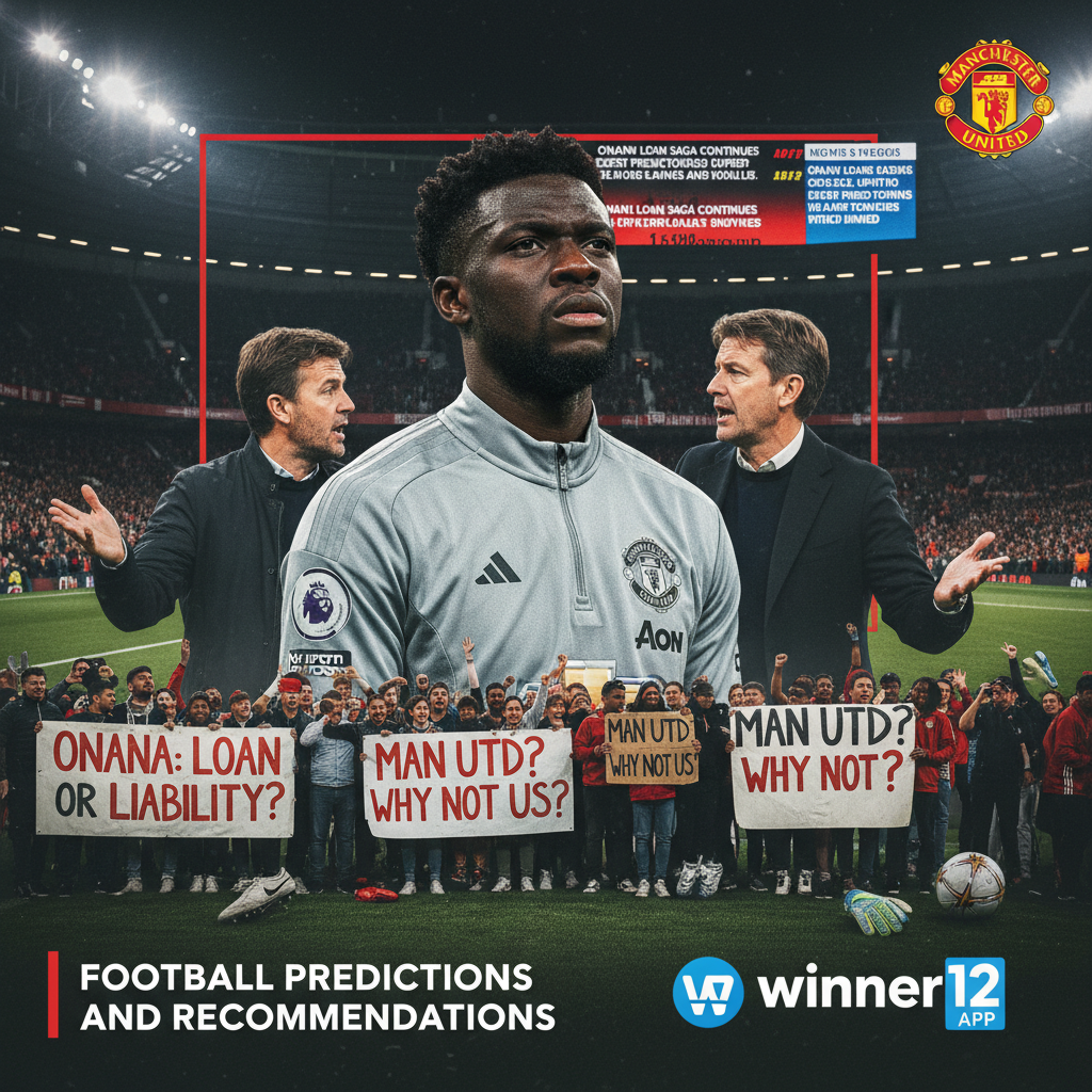 图片ALT文本：安德烈·奥纳纳身穿曼联球衣，在足球场边引发激烈争论，背景为灯光璀璨的球场内聚集的球迷和媒体，球迷举着曼联队徽横幅，场景展现足球预测推荐主题，右下角配有winner12 APP标志，体现专业新闻报道风格。