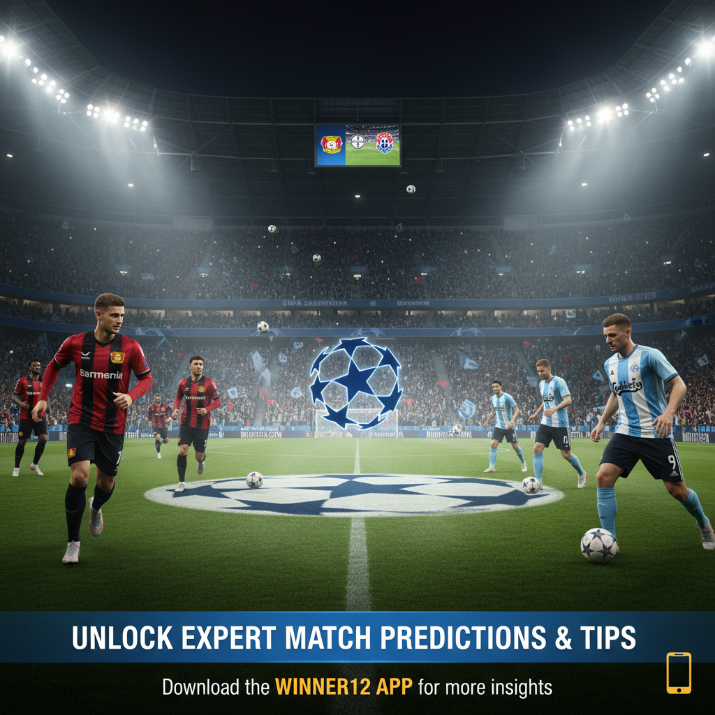 图片ALT文本：真实风格海报展示勒沃库森与哥本哈根两支球队在泛光灯下的动态足球场景，球员身穿官方队服，英超风格动作姿势，场面紧张充满欧冠首秀氛围，包含UEFA欧冠星球标志，附带“winner12.ai”专家赛事预测及推荐提示文字。