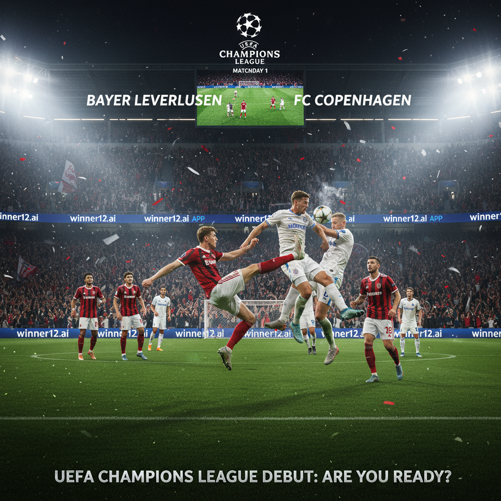 ALT text: Realistic poster of Bayer Leverkusen vs Copenhagen UEFA Champions League debut, featuring dynamic professional soccer players in authentic kits on a lush green pitch under stadium floodlights, packed crowd, official matchday graphics, and subtle winner12.ai branding highlighting intense European football atmosphere.