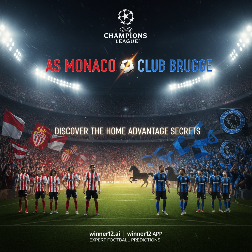 Alt text: A realistic and detailed poster of a dramatic UEFA Champions League soccer stadium under floodlights, featuring passionate AS Monaco and Club Brugge fans waving flags in team colors, players in authentic English-style soccer kits ready for action, with subtle dark horse and home advantage visual cues, sleek modern typography reading “Discover the Home Advantage Secrets,” and a discreet winner12.ai logo representing expert football betting predictions.