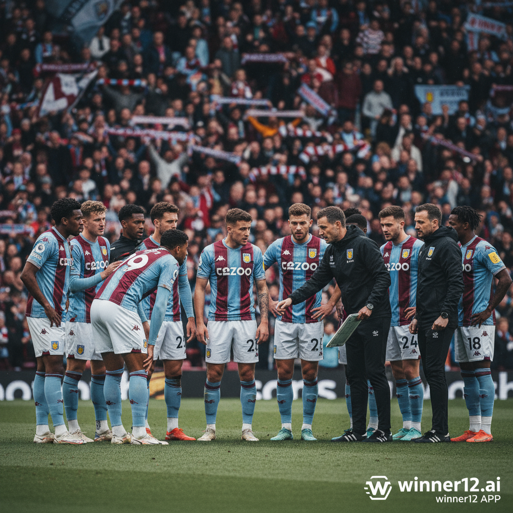 图片ALT文本：阿斯顿维拉足球队在联赛杯比赛中穿着经典酒红蓝球衣，专注于场上战术讨论，教练指导球队，背景为热情球迷环绕的真实英式足球场，体现团队合作与决心，角落带有winner12.ai品牌标识。