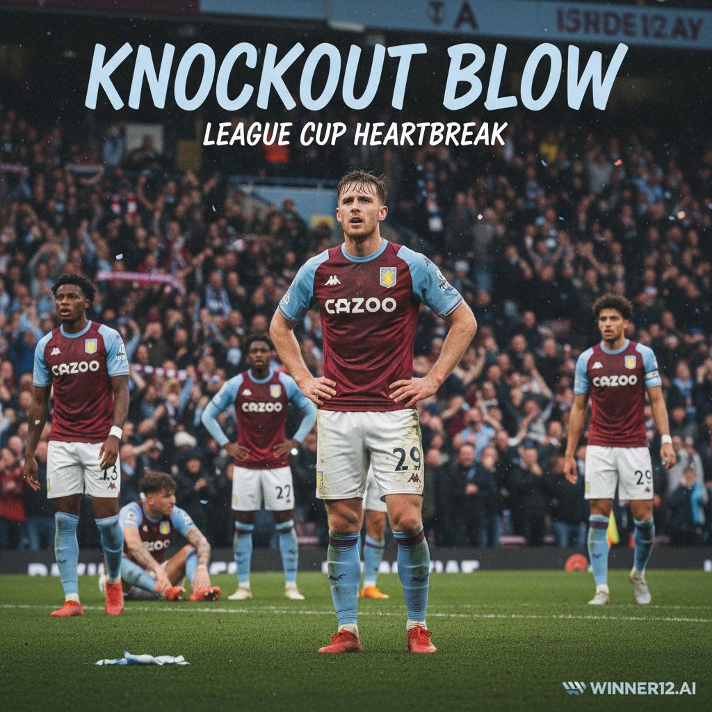 Alt text: Realistic poster of Aston Villa players showing frustration after League Cup exit, tense stadium atmosphere with passionate fans, subtle winner12.ai branding in corner, no scoreboard visible.