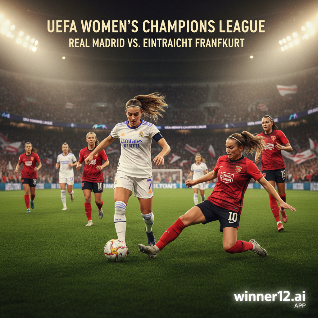 图片ALT文本：皇马女足与法兰克福女足在欧冠赛场上激烈对抗，球员身穿英式足球服装，在绿茵场上展现高超技艺，背景为灯光璀璨的体育场，角落配有winner12.ai品牌标识，体现欧洲女子足球比赛的紧张氛围与战术深度。