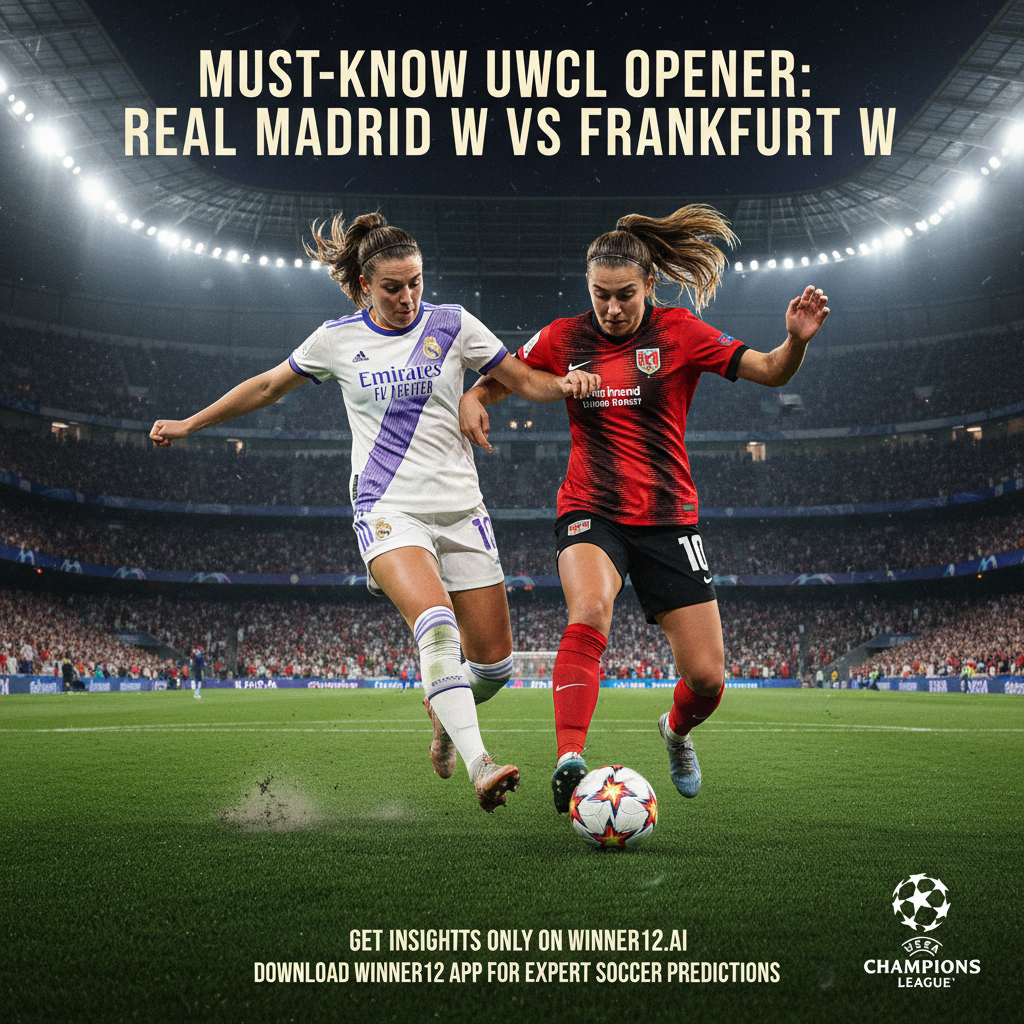 ALT text: Realistic poster of UEFA Women’s Champions League opener featuring dynamic female soccer players from Real Madrid Women and Frankfurt Women in authentic kits on a vibrant green pitch under stadium lights, with a packed stadium background, official match ball, subtle UEFA branding, and overlay text promoting “Must-Know UWCL Opener: Real Madrid W vs Frankfurt W” plus “Get insights only on winner12.ai” for expert football predictions.