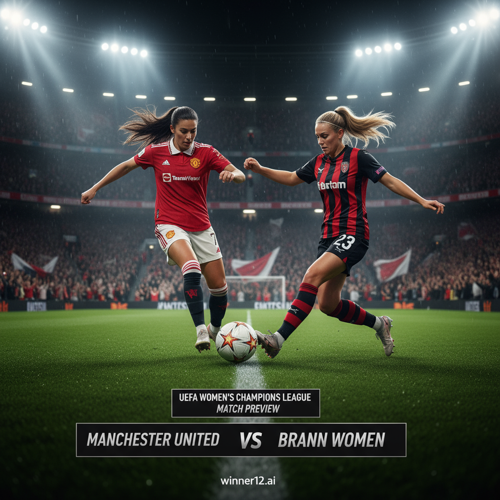 图片ALT文本：曼联女足与布兰女足在绿茵场上激烈对抗，身穿曼联红色战袍和布兰队服的女足球员正围绕经典黑白足球展开争夺，背景为灯光璀璨、观众热情的满座体育场，展现欧洲女子足球欧冠赛场的激情与紧张氛围，图片预留赛事详情及“winner12.ai”品牌标识位置。