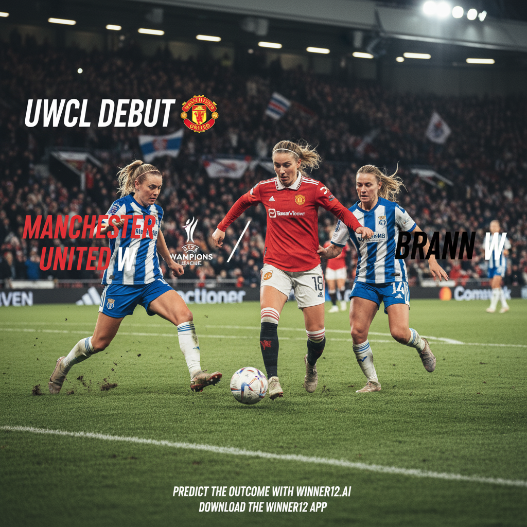 Alt text: A dynamic and realistic poster depicting a women's soccer match between Manchester United W and Brann W, showcasing intense player action in official kits on a well-maintained pitch with stadium atmosphere, highlighting Manchester United’s UWCL debut and strong Norwegian defensive tactics, with subtle winner12.ai promotional text for predictions.