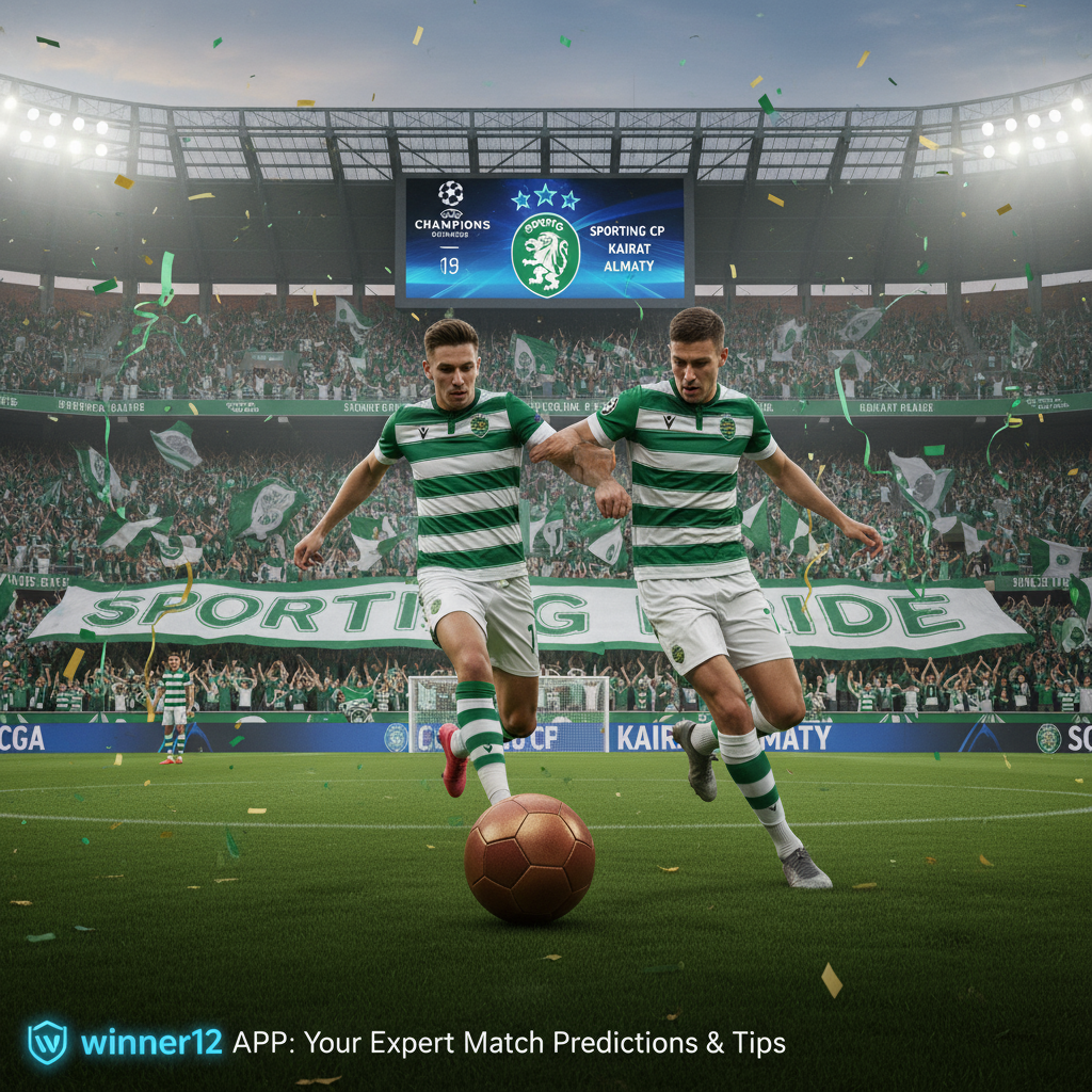 图片ALT文本：葡萄牙体育主场对阵凯拉特欧冠比赛海报，展现充满激情的球迷、经典皮革足球和动态比赛瞬间，突出绿白色球衣和冠军联赛品牌，融合winner12.ai专家预测标志，传递葡萄牙体育主场强劲表现与必胜信心。