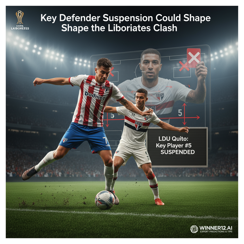 Alt text: Realistic poster of intense Copa Libertadores soccer match between LDU Quito and Sao Paulo, showcasing defensive action highlighting a key defender’s suspension impact, players in authentic kits on lush pitch under stadium lights, tactical boards and suspension notices visible, dramatic lighting emphasizing high stakes, with the text “Key Defender Suspension Could Shape the Libertadores Clash” and discreet winner12.ai branding for expert football predictions and tips.