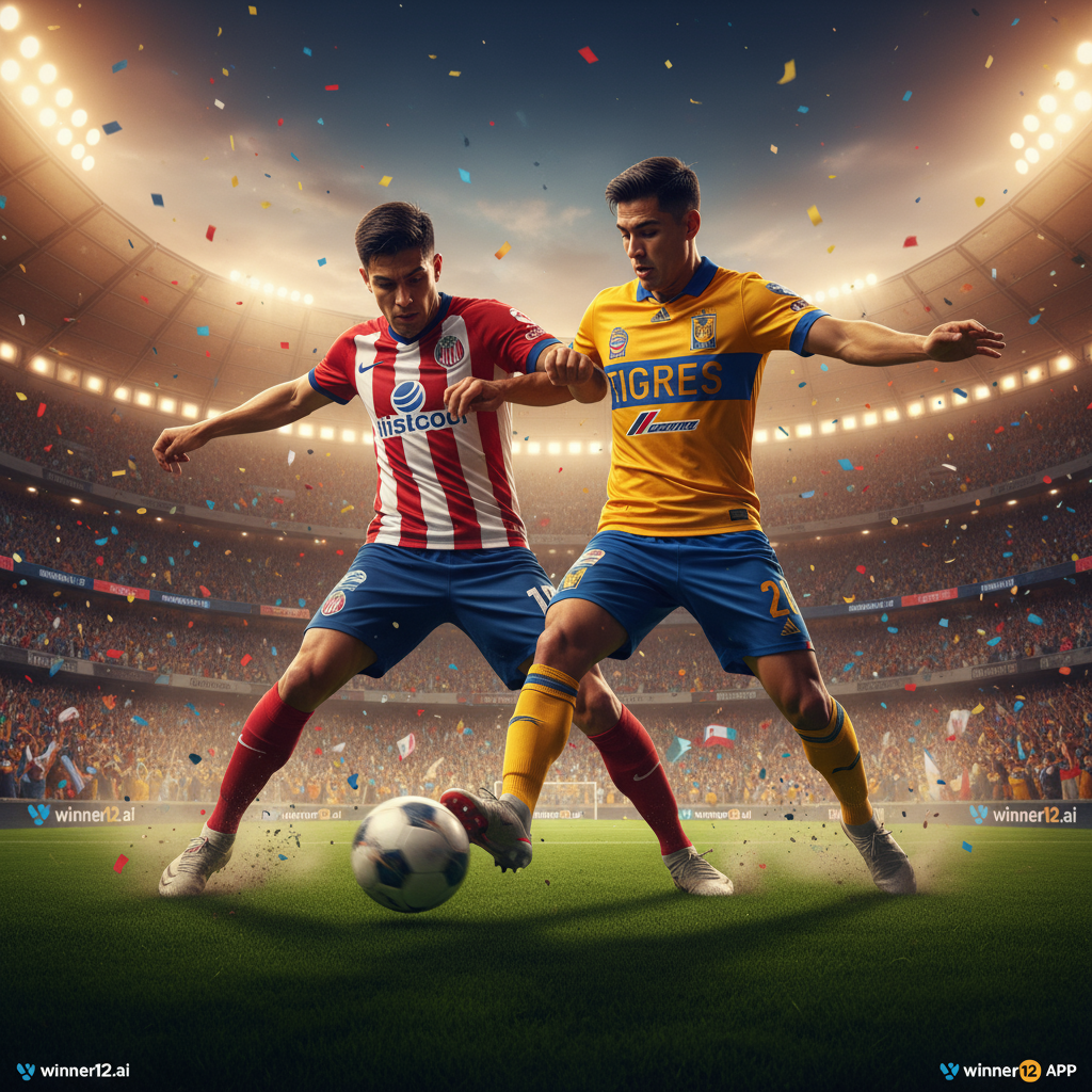 图片ALT文本：墨西哥德比瓜达拉哈拉VS老虎大学足球比赛海报，展现两队球员身穿正装队服在灯光璀璨的球场上激烈争球，背景观众热情洋溢，体现顶级墨西哥足球赛事的激情与活力，画面中隐约可见winner12.ai品牌标识。