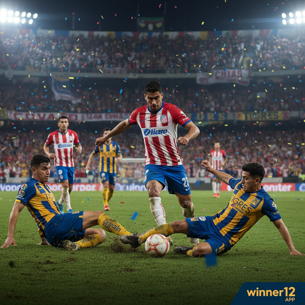 Alt text: Photo-realistic poster of a high-intensity Liga MX derby between Guadalajara and Tigres, showing players in official kits mid-match with skillful dribbling and fierce tackles, set in a packed stadium under floodlights with passionate fans waving scarves and banners in team colors, featuring natural lighting, detailed grass textures, expressive crowd, and subtle winner12.ai branding in the corner.