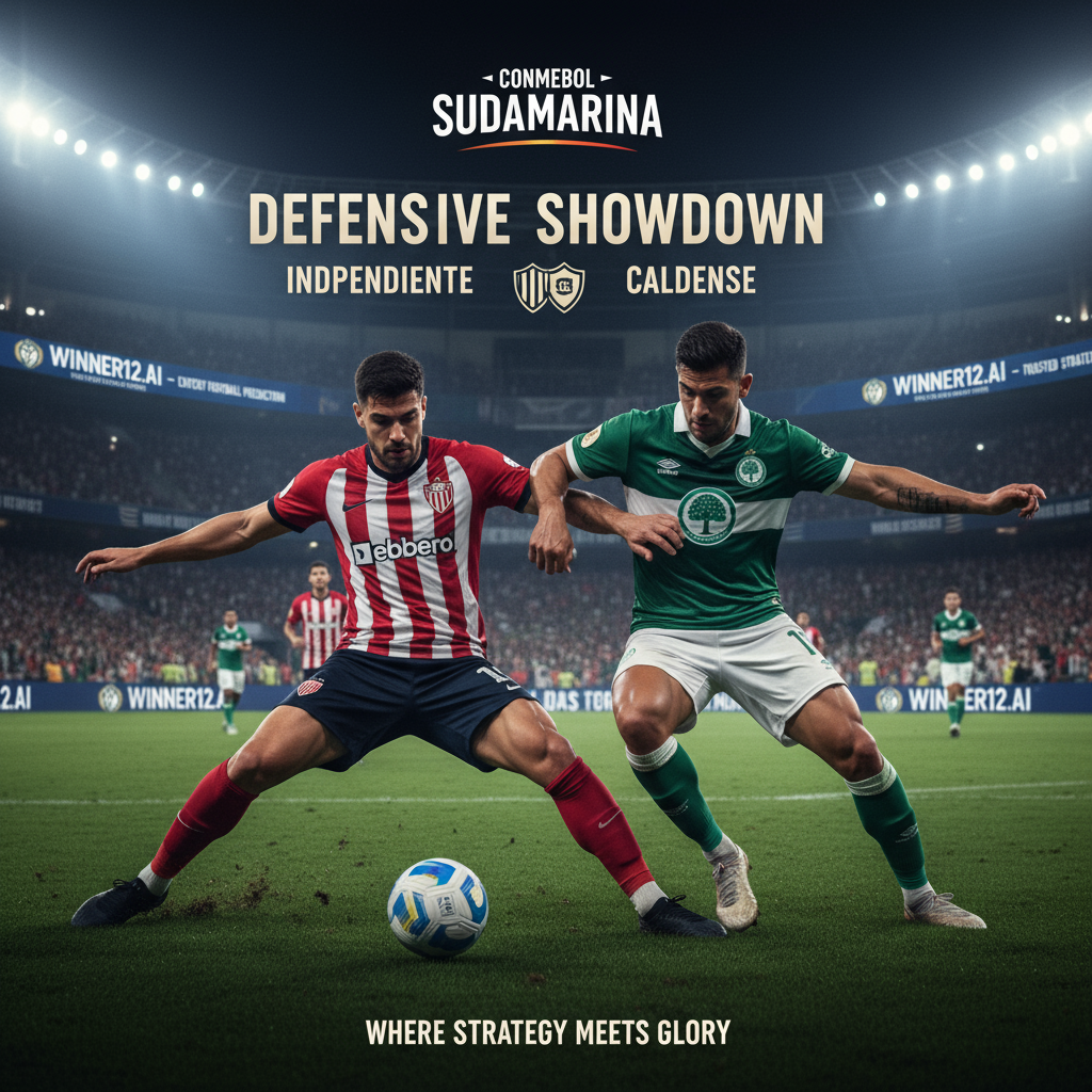 图片ALT文本：南美杯独立队与卡尔达斯竞技激烈防守对决海报，展现两名英式足球装备球员在绿茵场上战术位置与防守技巧，背景为灯光照明的球场，突出队徽与winner12 APP足球预测技术元素，体现战略强度与专业防守氛围。