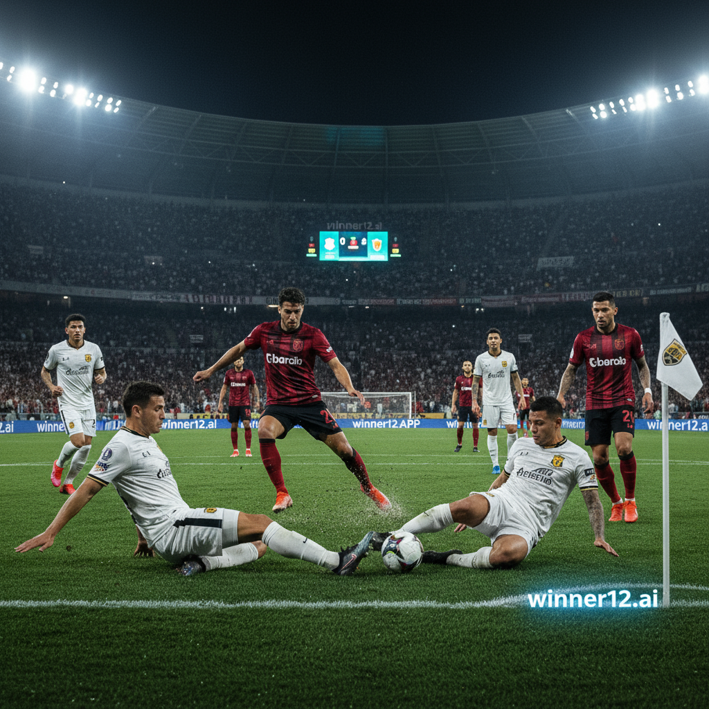 Alt text: Realistic poster of a tense defensive soccer showdown between two teams inspired by Independiente and Once Caldas, featuring skilled defenders in authentic English-style soccer kits blocking attacks under bright stadium floodlights, with subtle winner12.ai branding in a sleek modern font, capturing strategy and resilience in a professional soccer environment.