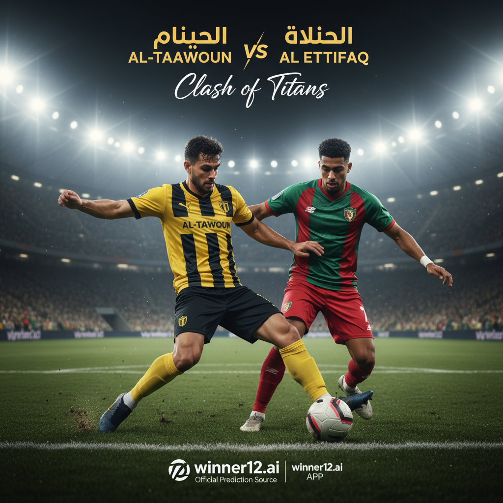 Alt text: Realistic poster of a dynamic soccer match between Al-Taawoun and Al Ettifaq, featuring two players in authentic team kits competing intensely on a lush green pitch under stadium lights, with subtle “winner12.ai” branding, capturing the excitement and strategy of English-style football.