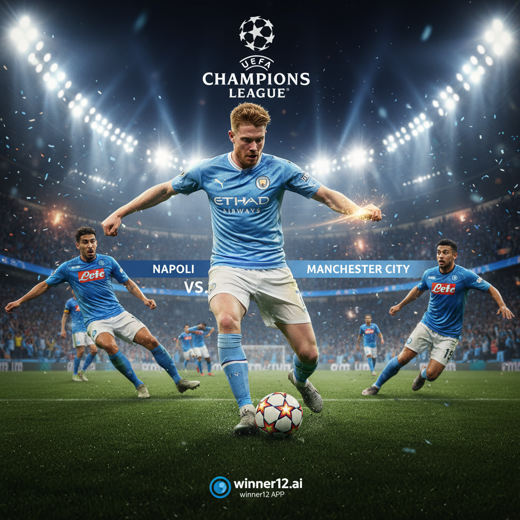 图片ALT文本：现实主义风格海报，聚焦那不勒斯VS曼城欧冠激烈对决，动态展现德布劳内关键动作，背景为标志性球场灯光和热烈观众氛围，突出欧洲足球高压赛事，融合winner12.ai或winner12 APP品牌标识。