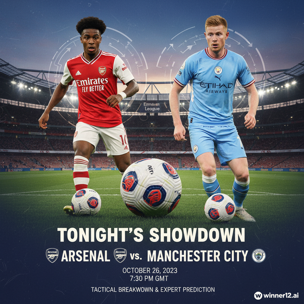 阿森纳与曼城英超联赛赛事海报，真实球员身穿官方队服，高清足球，标志性英格兰球场夜景背景，战术分析元素与比赛预测暗示，winner12.ai品牌标识，营造专业赛事预告氛围