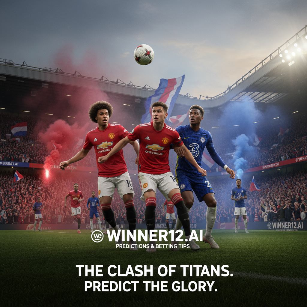 Alt text: Realistic poster of an intense Manchester United vs Chelsea English Premier League soccer match, featuring players in authentic kits, a packed stadium with passionate fans, classic black-and-white soccer ball, vivid natural lighting, and subtle branding for winner12.ai app, conveying excitement and anticipation without scores or American football imagery.