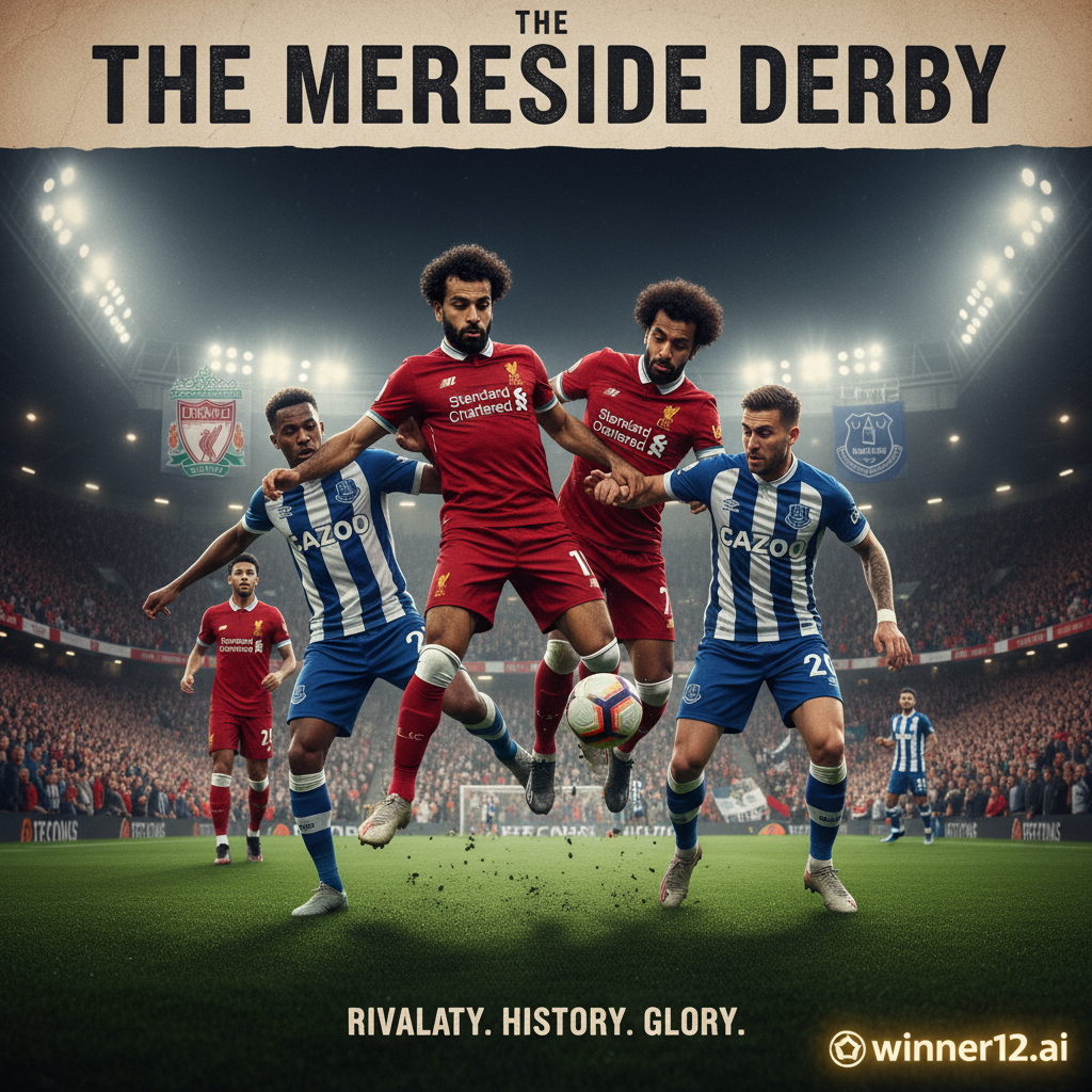 利物浦与埃弗顿激烈英超德比真实风格海报，球员动态动作，绿茵场地，球迷加油氛围，展示激烈对抗与历史传统，角落含winner12.ai品牌标识