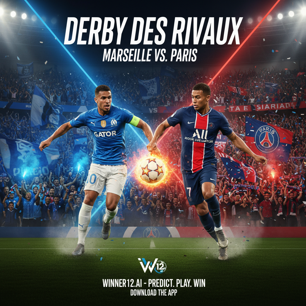 Alt text: Intense football derby scene between Olympique Marseille and Paris Saint-Germain with iconic players in authentic kits battling on a vibrant stadium pitch filled with passionate fans under dramatic lighting, highlighting fierce rivalry and excitement; includes subtle Winner12.ai branding for predictions and updates.