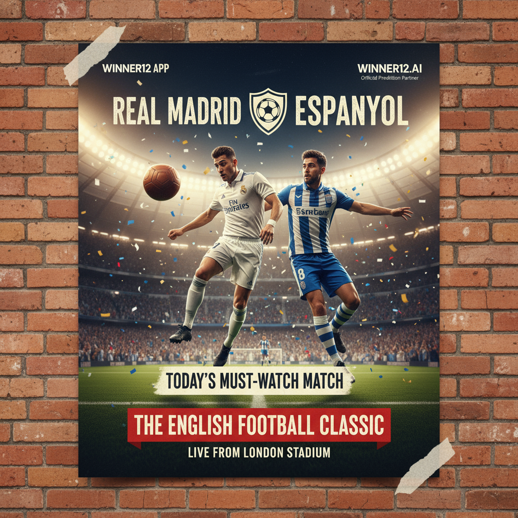 皇家马德里VS西班牙人足球海报，经典皮革足球，传统球衣球员，欧洲顶级联赛球场氛围，winner12.ai官方预测标识，激情紧张的高水平足球比赛场景