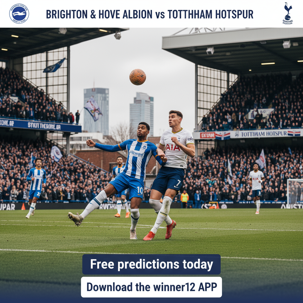 布莱顿VS热刺英格兰足球比赛海报，球员身穿官方队服激烈拼抢，真实足球场景背景，经典真皮足球，自然光线下高清细节，带有“今日免费推荐”文字和“winner12.ai”品牌标识，展现英超比赛动态与竞争精神。