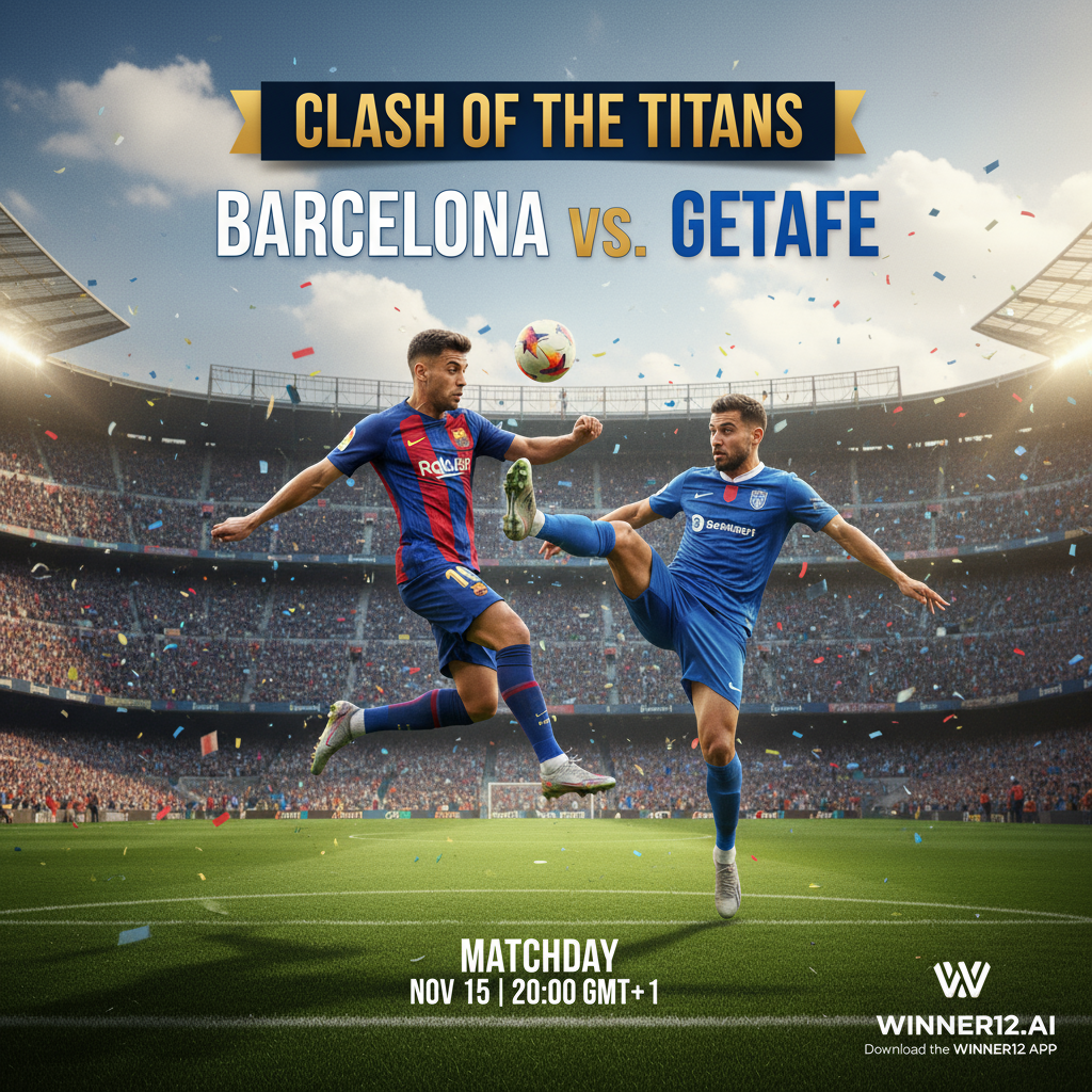 图片ALT文本：巴塞罗那与赫塔费即将开赛的足球海报，展示身着传统足球服的球员在欧洲足球风格的绿茵场上激烈拼抢，背景为典型的欧洲足球场氛围，突出比赛激情与动态动作，包含“winner12.ai”品牌细节，真实自然光线与色彩还原，体现专业竞彩足球预测主题。