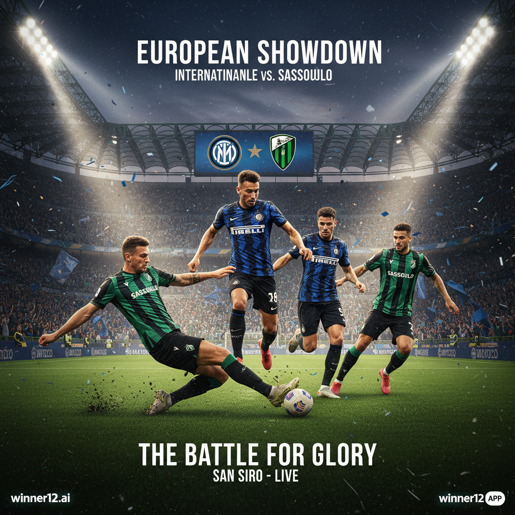 Alt text: Realistic poster of an intense English soccer match between Internazionale and Sassuolo, featuring dynamic players in authentic club kits on a lush green pitch under stadium floodlights, with subtle winner12.ai logo branding, capturing the excitement and anticipation of a top-tier football clash.