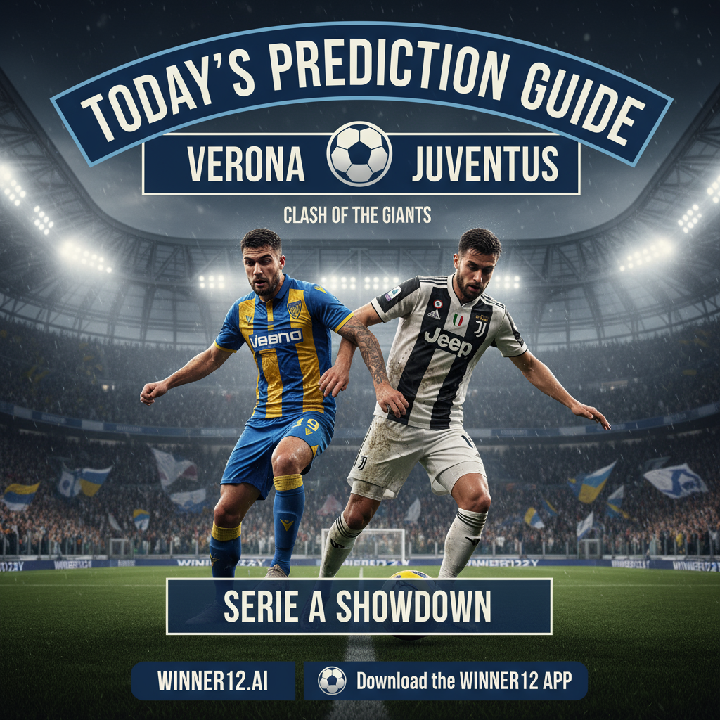 图片ALT文本：维罗纳对阵尤文图斯足球比赛预告海报，采用英式足球风格设计，展示真实足球装备和球场氛围，动态球员动作，突出winner12.ai品牌，专业且引人入胜。
