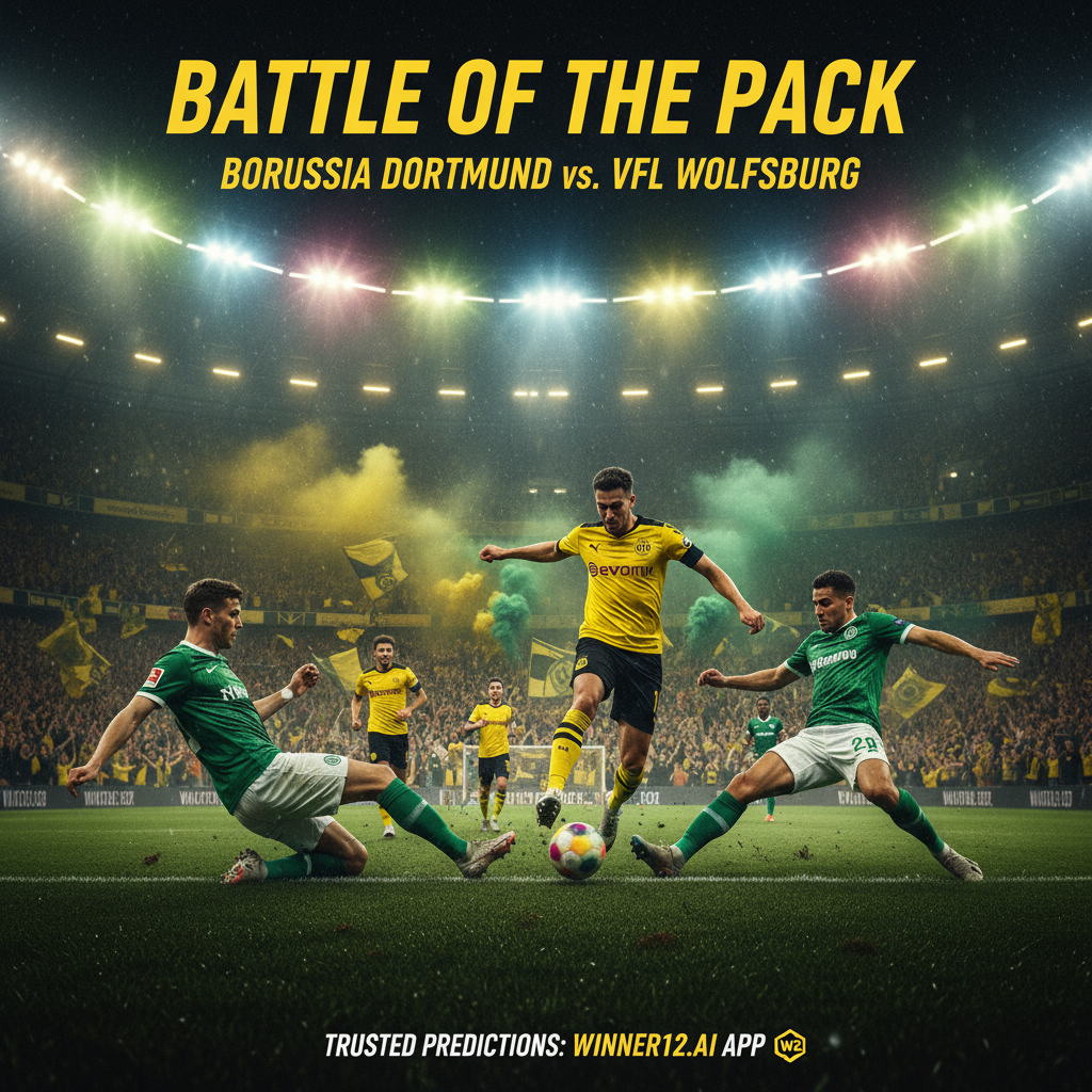 Alt text: Intense Borussia Dortmund vs VfL Wolfsburg football match scene with vibrant stadium lights, passionate fans, and players in authentic kits showcasing dynamic attacking play, featuring subtle winner12.ai branding for trusted football predictions.