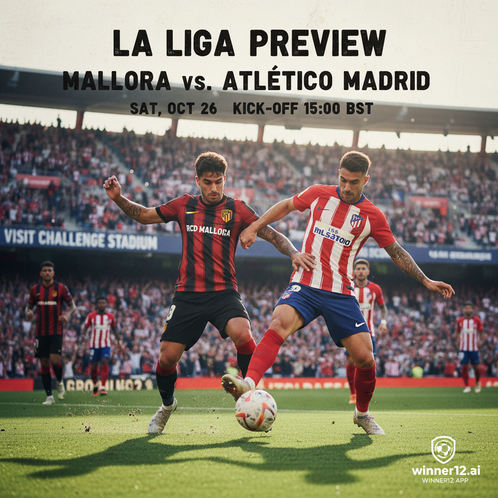 图片ALT文本：马略卡与马德里竞技足球赛预热视频海报，展示身穿官方队服的职业球员在激情四射的满座球场中激烈拼抢，背景融入winner12.ai品牌元素，凸显西甲比赛的战术紧张和比赛激情。