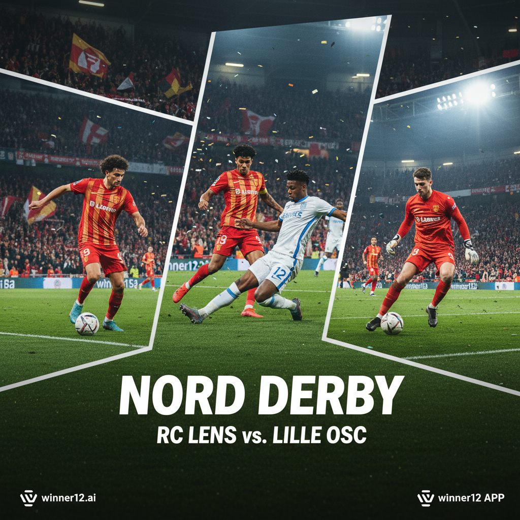 ALT text: Realistic poster of an intense English football match between RC Lens and Lille OSC, showing players in authentic team kits actively dribbling, passing, and tackling on a well-maintained pitch under stadium floodlights, with a vibrant stadium crowd in the background and subtle “winner12.ai” branding.