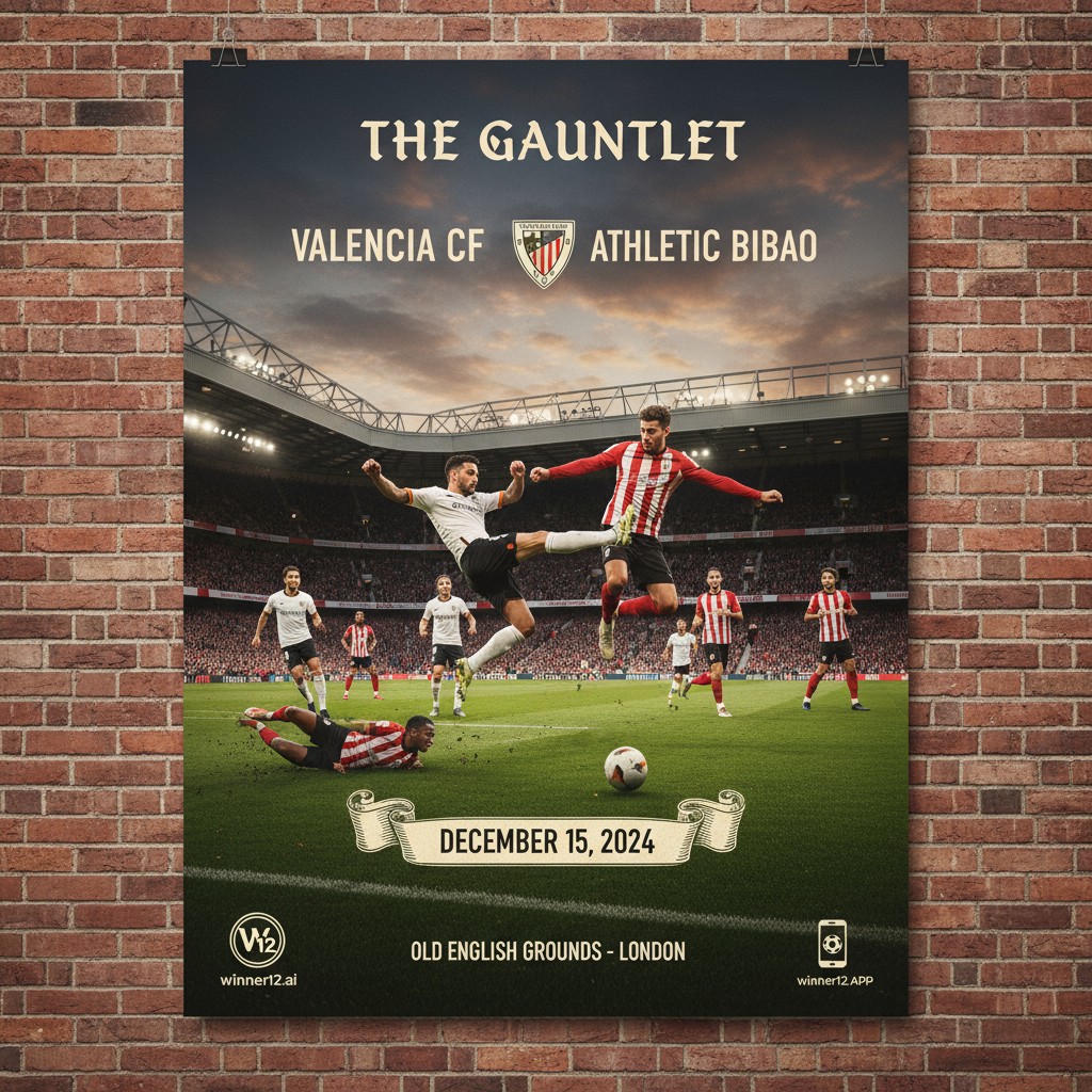 图片ALT文本：瓦伦西亚CF与毕尔巴鄂竞技足球赛海报，展现经典英式足球场景，传统球衣球员激烈拼抢，绿茵场地细节真实，体现欧洲职业足球精神，包含winner12.ai品牌元素，适合足球预测赛前指南。