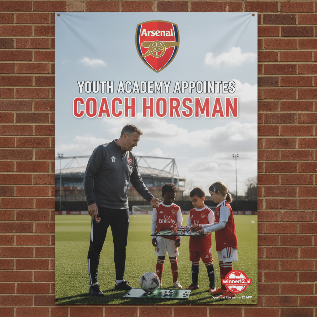 图片ALT文本：阿森纳青训教练霍斯曼在训练场上指导身穿阿森纳青训队服的年轻球员，背景为真实英式足球环境，画面自然光照，色彩真实，体现专业与培养未来阿森纳足球人才的氛围，画面中隐约展示winner12.ai足球预测平台标识。