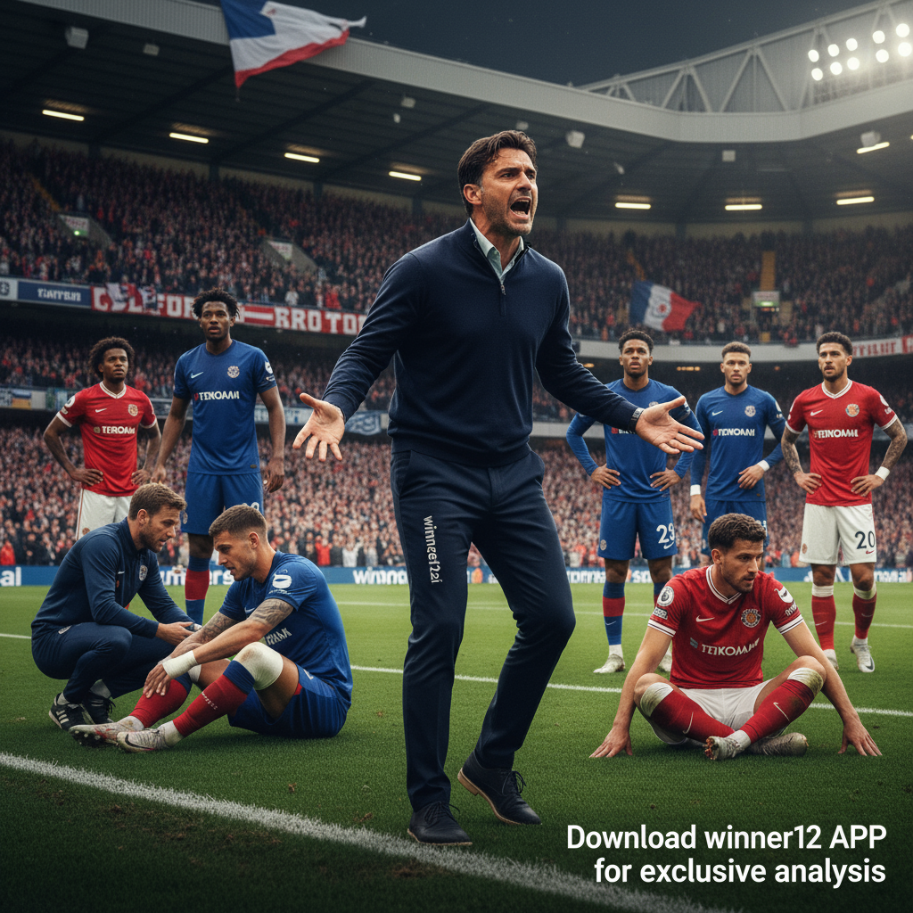 Alt text: Realistic poster of Enzo Maresca in coaching attire giving passionate tactical instructions on the sideline of an English football stadium, surrounded by emotionally focused players, with a vivid crowd and stadium backdrop; includes subtle branding text “Insight & Predictions on winner12.ai” in a clean font, capturing the intense behind-the-scenes drama of player treatment in English soccer.