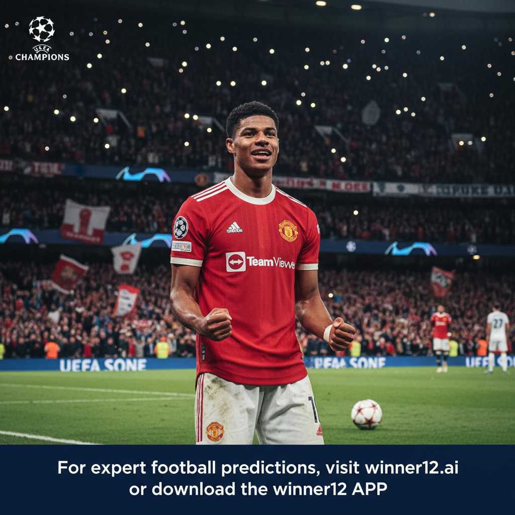 图片ALT文本：拉什福德身穿曼联队服，在欧冠比赛中庆祝梅开二度，背景为热情洋溢的英格兰足球场观众，海报设计现代且真实，包含欧冠标志和“足球预测必备：拉什福德欧冠梅开二度最新解析”字样，突出足球元素和专业足球预测信息。