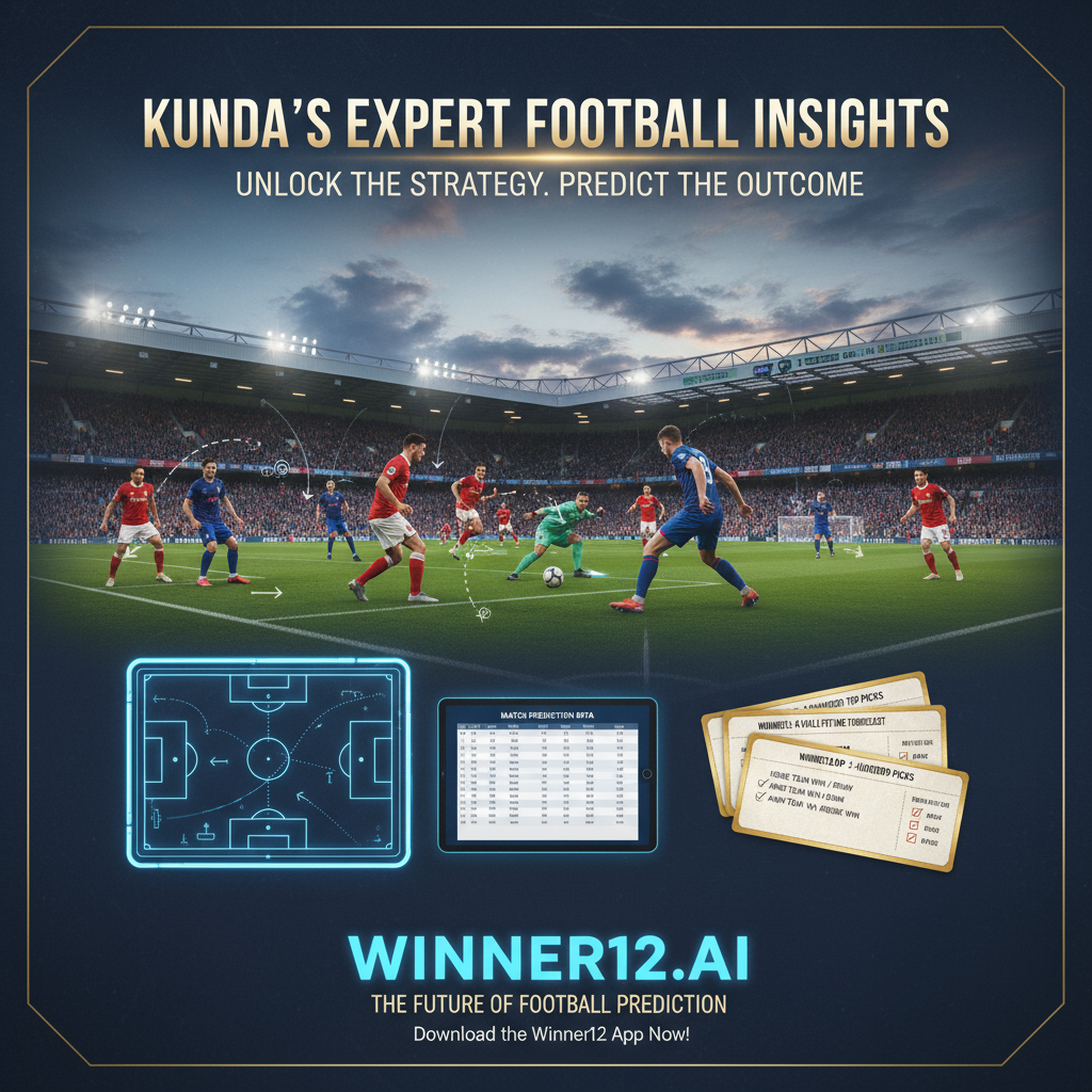 图片ALT文本：昆达最新竞彩足球半全场推荐秘诀海报，展示英格兰足球场上球员激烈拼抢，战术板和带有winner12.ai标志的投注单隐约可见，营造专业足球分析与战略玩法氛围，突出真实足球装备与精彩比赛预测场景。