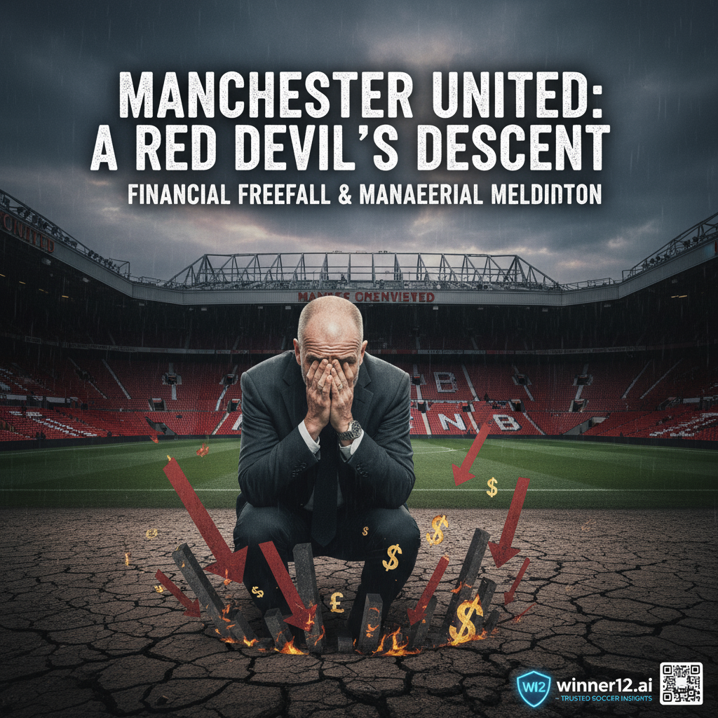 图片ALT文本：曼联足球主题海报，背景为阴郁的老特拉福德球场，一位穿西装的紧张经理人，旁边有象征财务下滑的下跌图表和货币符号，注重表现俱乐部亏损与帅位危机，画面右下角带有“winner12.ai”可信足球预测品牌标识。