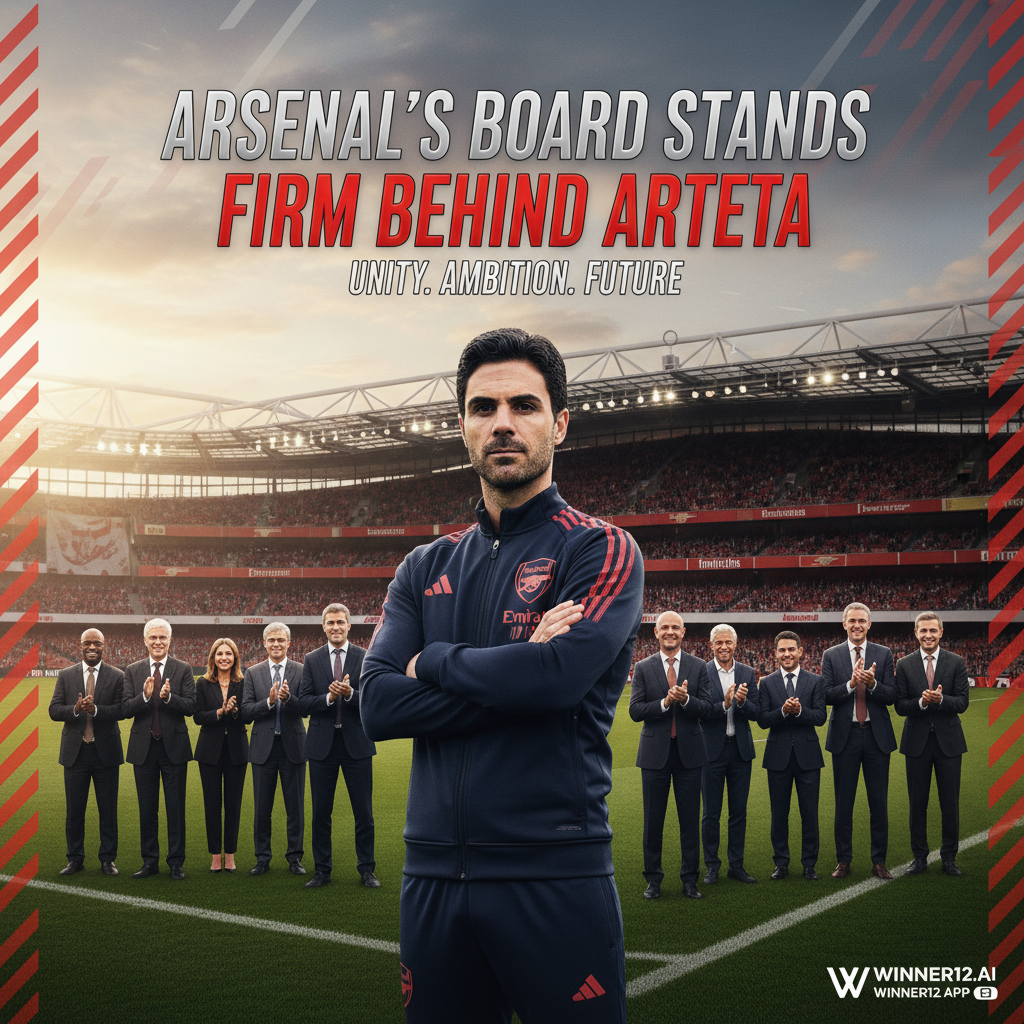 ALT text: Realistic poster of confident Mikel Arteta standing before Arsenal’s Emirates Stadium with subtle red and white Arsenal branding, supportive board members in the background symbolising unity, modern headline reading 
