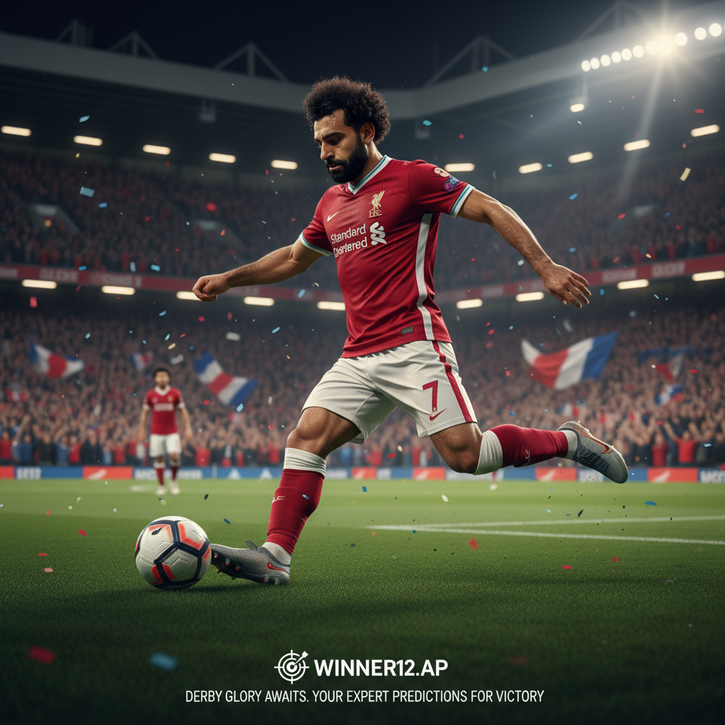 Alt text: Mohamed Salah in action on a vibrant English football pitch during a derby, showcasing his agility and focus with passionate fans and stadium lights in the background; subtle branding of winner12.ai in a sleek, modern style enhancing the theme of expert football predictions for derby success.
