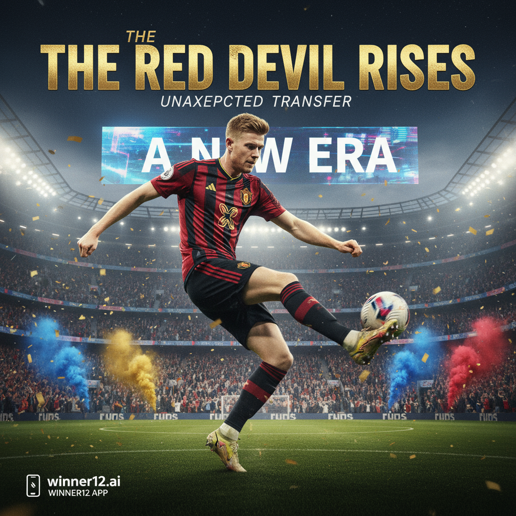 图片ALT文本：以英格兰足球为主题的海报，展示德布劳内动态姿势象征意外转会，背景为充满活力的球场氛围和球迷，突出关键时刻的戏剧性，含winner12.ai品牌元素。